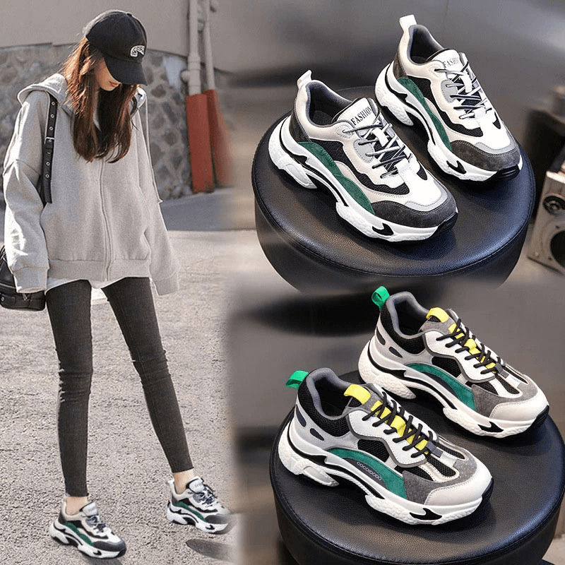 Women's genuine leather platform sneakers in mixed colors, stylish design with breathable mesh, perfect for fashion and running.